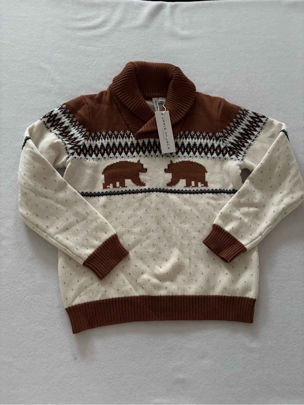 Janie and Jack Cream and Brown Bear Fair Isle Shawl Collar Sweater